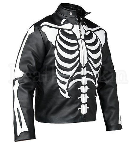 Men Black Skeleton Biker Leather Jacket